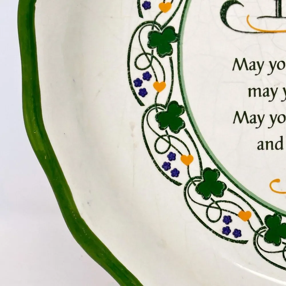 Vtg Ceramic Irish Hearth Blessing Pie Plate Fluted Green Shamrock Baking Dish